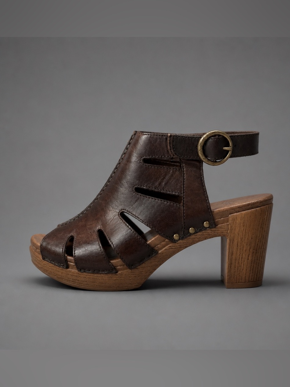 Dansko Brown Leather Cutout Clog Sandal with Wood Heel